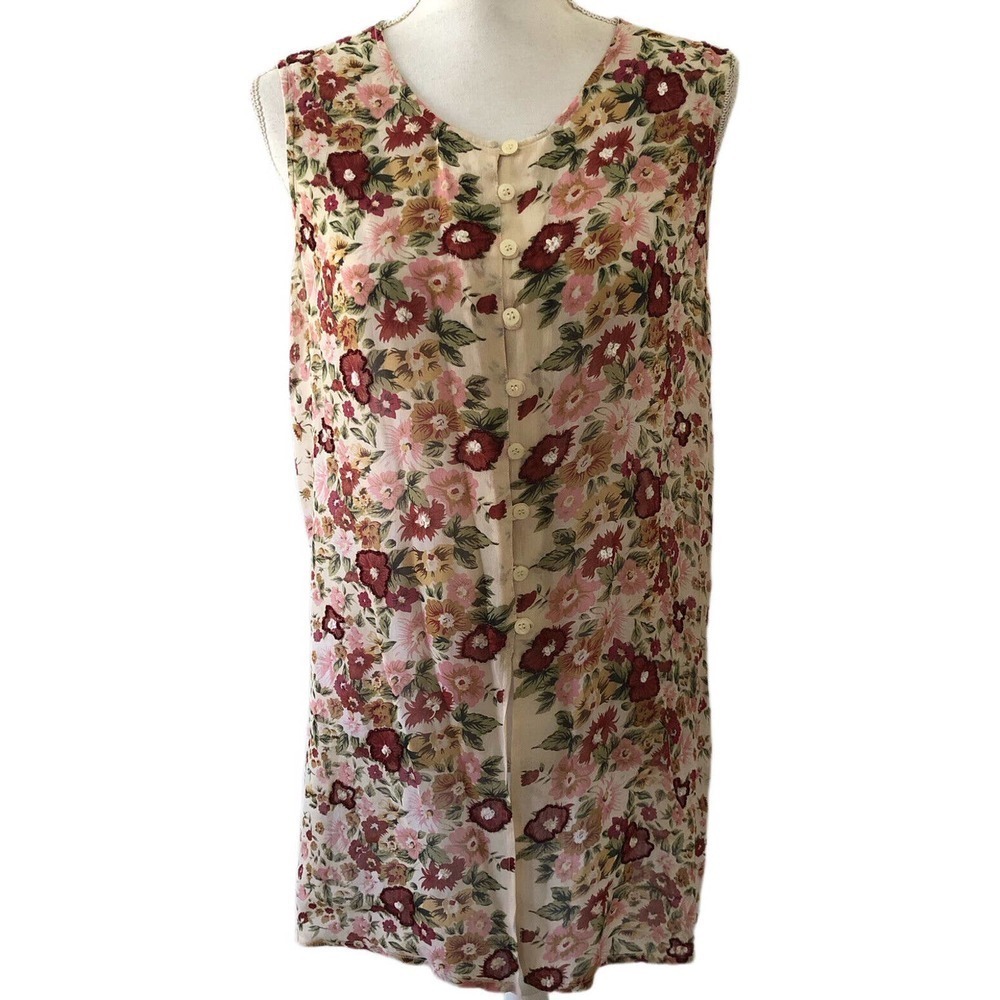 Amanda Smith Sleeveless Floral Beaded Neck Duster Kimono Cover Up Size Medium
